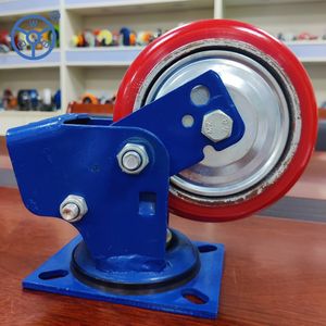 Wbd 5 6 8 Inch High Load Capacity Double Spring Loaded Shock Absorbing Castor Industrial Swivel Cast Iron Core PU Caster Wheel with Brake and Spring