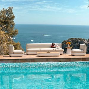 Modern Curved Outdoor Sectional Sofa Set, Weatherproof Aluminum Patio Furniture with Teak Side Tables, Hotel Poolside Leisure Lounge Set
