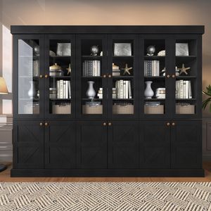 Minimalist Large Black Solid Wood Storage Cabinet Bookcase with Adjustable Shelves
