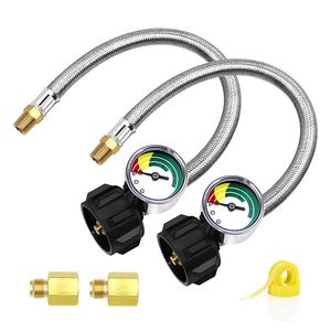 Propane Tank Hoses with Gauge - Upgraded Stainless Steel Braided (2 Pack)