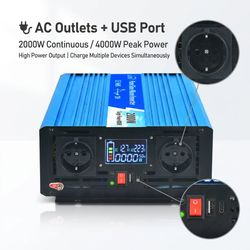 2000W Pure Sine Wave Inverter DC 12V to 220V with LCD Display