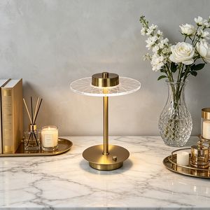 Rechargeable Gold Metal LED Table Lamp Dimmable Acrylic Shade Cordless Decorative Night Light for Restaurant Hotel Bar Bedroom
