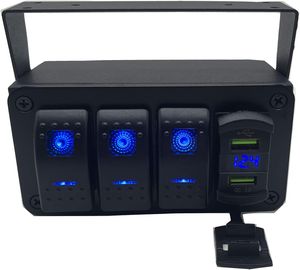 Marine Boat Panel 3 Gang Rocker Switch Box 12V on off Switch Quick Charge 3.0 Dual USB Charger Voltmeter Waterproof Aluminum Rocker Switch Panel