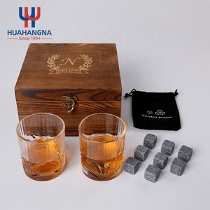Premium Custom Logo 300ml Crystal Glass Rock Cocktail Whiskey Glasses Set with Granite Chilling Whisky Stones in Wooden Gift Box for Scotch Bourbon Promotion