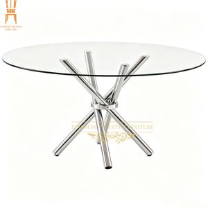 Wholesale Modern Round Tempered Glass Dining Table with Polished Stainless Steel X Base for Kitchen Dining Room Event
