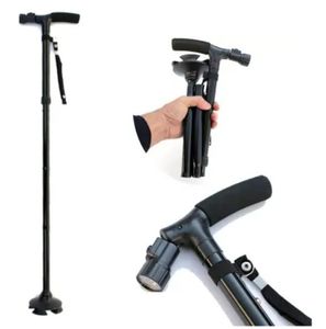 OEM Aluminum Folding Quad Cane with LED Light Height Adjustable Walking Stick