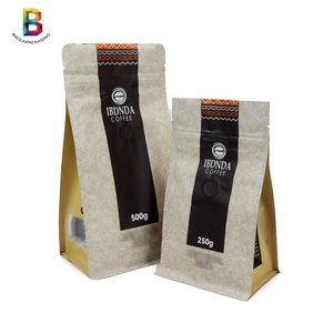 Custom Printed 250g 1kg Stand up Kraft Paper Biodegradable Plastic Flat Bottom Food Coffee Packaging Bag