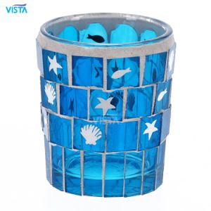 Designed First Quality Glass Candleholder Jar with Electroplating Sea Color Decoration