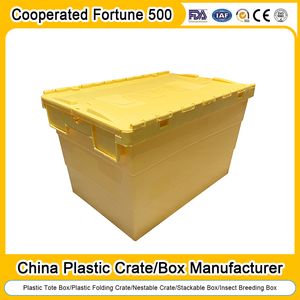 Durable Supermarket Turnover Tote Folding Costorage Food Grade HDPE Plastic Nestable Turnover Moving Tote Box Crates Attached Lid Container 53X36X31cm/60X50X12