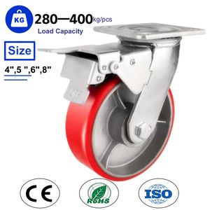 4"5"6"8" Heavy Duty Swivel Caster with Brake Iron Core Red PU Wheel for Industrial Tools Workbench Cart