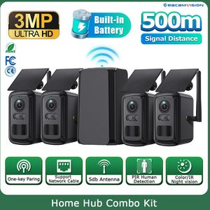4CH Combo Kits 3MP Solar WiFi Camera Home Hub Kit Full Duplex Talk 8000mAh Battery 128GB TF Card Support Security CCTV