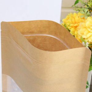Brown Yellow Eco-Friendly Snack Food Kraft Flat Bottom Doypack Bag with Window Colorful Paper Zipper Packaging Storage Bag