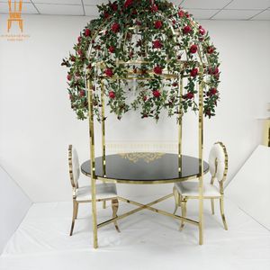 Modern Luxury Gold Stainless Steel Round Wedding Table with Floral Dome Canopy Event Table for Wedding Reception Party
