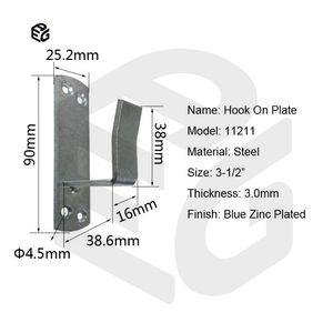 3.5" Blue Zinc Hook on Plate Bracket for Overhead Garage Door & Fence Furniture Hardware