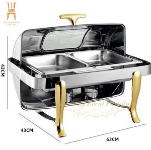 Hotel Restaurant Oval Roll Top Stainless Steel Chafing Dish Set Gold Silver Food Warmer Equipment for Canteen