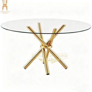 Luxury Round Clear Glass Dining Table with Chrome Stainless Steel Cross Legs for Wedding Banquet Living Room