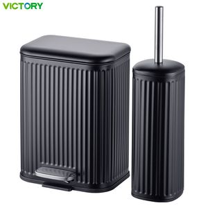 Rectangular Embossed Stainless Steel Bathroom Trash Can with Toilet Brush Set