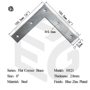 China Manufacturer Supply 6" Steel Flat Brace 2.8mm Thick Blue Zinc Plated Heavy Duty Bracket