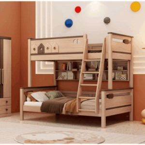 Solid Pine Wooden Bunk Bed with Safety Guardrail for Kids Bedroom Furniture Use