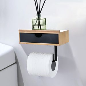 Modern Wall Mounted Wooden Metal Bathroom Paper Holder and Cellphone Tray Self Adhesive