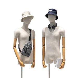 Slub Linen Male Mannequin Bust Wood Arms Men's Clothing Store Body Mannequin