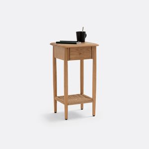 Modern Solid Wood Bedside Table with Woven Shelf and Single Drawer for Minimalist Bedroom