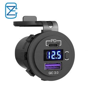 USB C Car Charger Socket, Qidoe 12V/24V Dual USB Outlet Pd3.0 & QC3.0 Car Socket with LED Voltmeter and on/off Switch Fast Car C