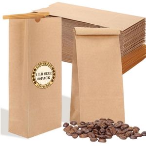 Customizable 1lb Tin Tie Kraft Paper Coffee Bags Grease Proof Food Grade Flat Bottom Storage Bags for Coffee Beans Bread Snack Packaging