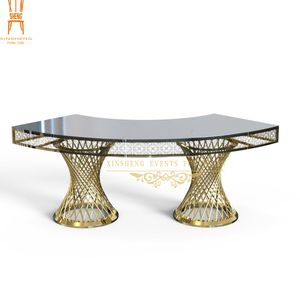 Hot Selling Serpentine Stainless Steel Table for Wedding Gold Steel Base Mirror Top Event Furniture