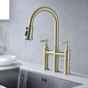 3-Hole H59 Brass Kitchen Faucet with Pull Down Sprayer Head in PVD Brushed Gold, Matt Black, Brushed Nickel