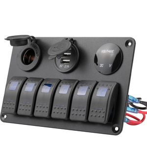 on off Red Blue Green LED Color 6gang 12V Momentary Switch Panel Aluminium Switch Panel with 1*Socket, 1*Voltmeter and 1*USB for Boat Marine RV
