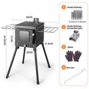 Portable Stainless Steel Tent Stove for Outdoor Camp Cooking Folding Wood Burning BBQ Grill with Chimney Gloves Made in China