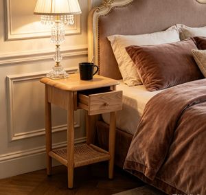 Rustic Solid Wood Bedside Table with Visible Grain Texture and Open Shelf for Farmhouse Style Bedroom