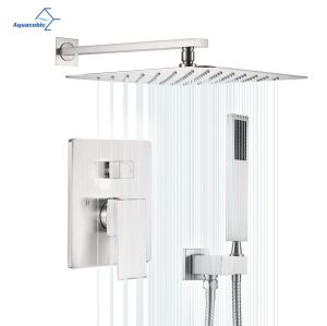 Rainfall Wall Mounted Top Shower and Hand Shower Set 304 Stainless Steel Wall-Mount Bath Rain-Style Shower Faucet Brushed Nickel