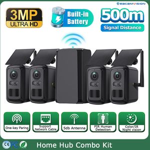 4CH Combo Kits Outdoor Wireless Solar Camera Combo Kit Home Hub 600m Transmission Night Vision PIR Detection IP66 Security CCTV