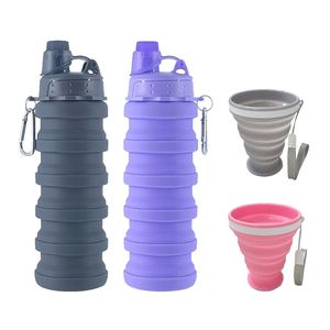 Collapsible Water Bottles 500ml 2 Pack with Silicone Collapsible Cups 200ml 2 Pack, Portable Travel Hiking Water Bottles, Reusable BPA Free Silicone Water Bottl