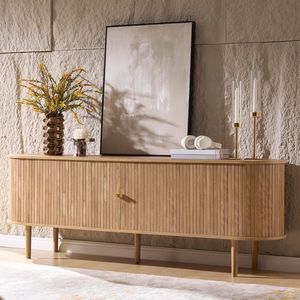 Functional Scandinavian Round Solid Wood TV Stand with 4 Open Shelves and 2 Side Cabinets for Living Room