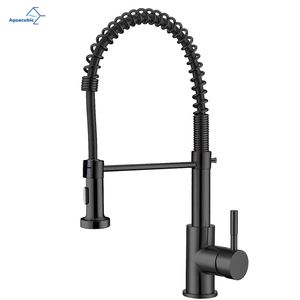 Aquacubic Factory Direct Lead Free Solid Brass Cupc Certified Deck Mounted Single Handle Pull Down Spring Black Kitchen Faucet