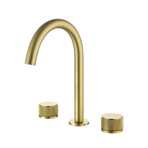 Brushed Gold Deck Mounted Brass Wash Basin Faucet Double Handle Bathroom Mixer Taps