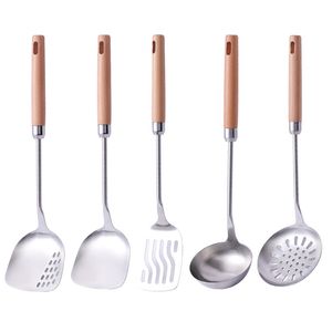 Whole-Sale 304 Stainless Steel Wooden Handle Kitchen Utensil Set with Ladle, Spatula, Skimmer