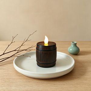 Rustic Wood Grain Solar Barrel Shaped Flameless Candle Light - Waterproof LED Outdoor Tabletop Garden Decor Light