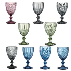 Huahangna Wholesale Party European Home Drinking Wedding Bar Water Lead Free Embossed Vintage Glass Colored Wine Goblet Cup Glassware for Juice Champagne