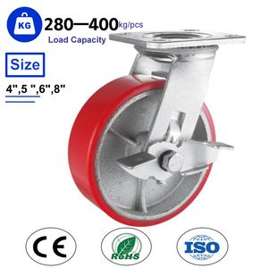 4"5"6"8" Heavy Duty Swivel Caster with Side Brake Iron Core Red PU Wheel for Industrial Tools Workbench