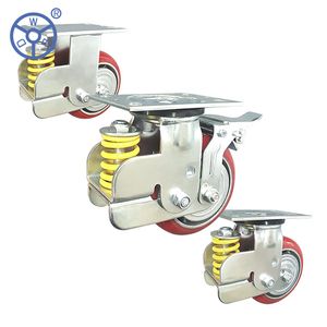Caster Factory Hot Sell Wbd 5" 6" 8" Plate Casters Single Spring Cast Iron Core PU Rigid Swivel with Brkae Absorbing Caster Wheels