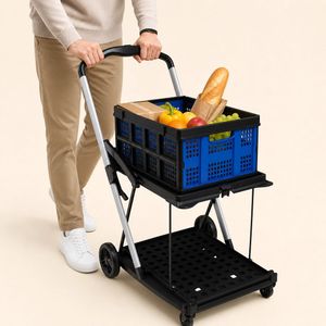 Space-Efficient Collapsible Double-Layer Trolley with All-Terrain Wheels and Ergonomic Handle for City Living Folding Shopping Cart
