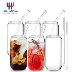 Amazon Hot Sale Drinking Glasses 6 PCS 16oz Soda Can Shaped Glass Cups Set with Straw for Smoothie Boba Tea Whiskey Water Iced Coffee
