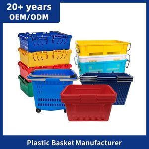High Capacity Hand Pushed Supermarket Shopping Plastic Basket with Wheels for Grocery and Retail Store