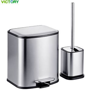 6L Rectangular Stainless Steel Bathroom Trash Can with Toilet Brush Set