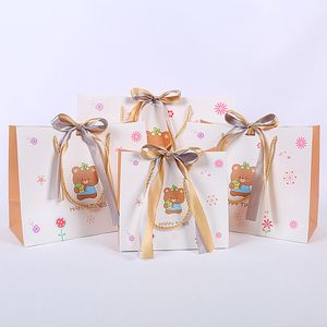 Cartoon Bear Gift Paper Bags, Gift Packaging Bags, Children's Day Handbags, Candy Bags, Baking Bags with Ribbons