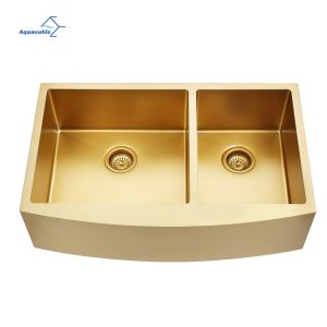 Aquacubic Gold Color Handmade Apron Front Double Bowl Matte Gold Nano Sink Kitchen